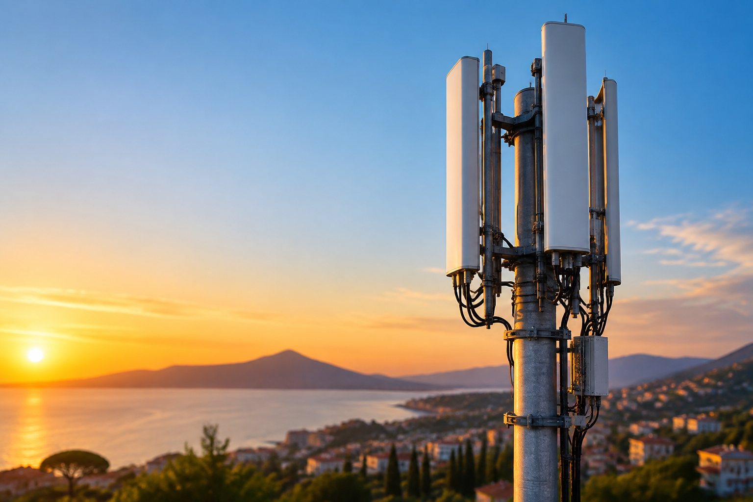 Antenna 5G moderna installata su un traliccio con vista sulla costa toscana